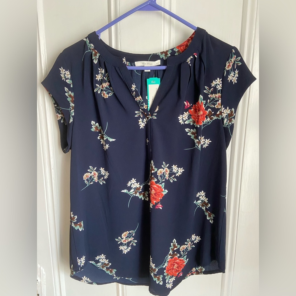 Fun 2 Fun Walden Dark Blue Split Neck Blouse Stitch Fix NWT